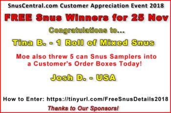 Free Snus Winners from SnusCentral.com 25 Nov 18