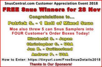 28 Nov FREE SNUS Winners from SnusCentral.com!