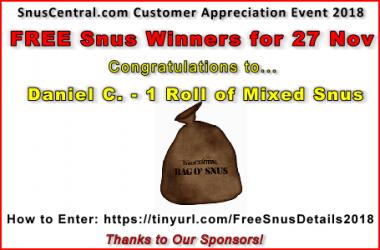 More Daily FREE SNUS winners from SnusCentral.com!