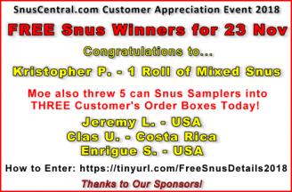 Free Snus Winners for 23 Nov at SnusCentral.com