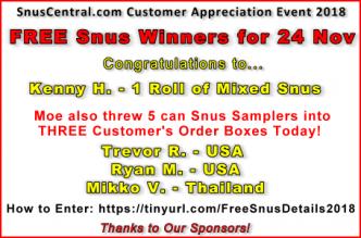 SnusCentral.com Free Snus Winners for 24 Nov 18