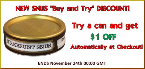 BUY a can of MorkBrunt Snus Loose to TRY and Moe will take 1 USD Off at Checkout!